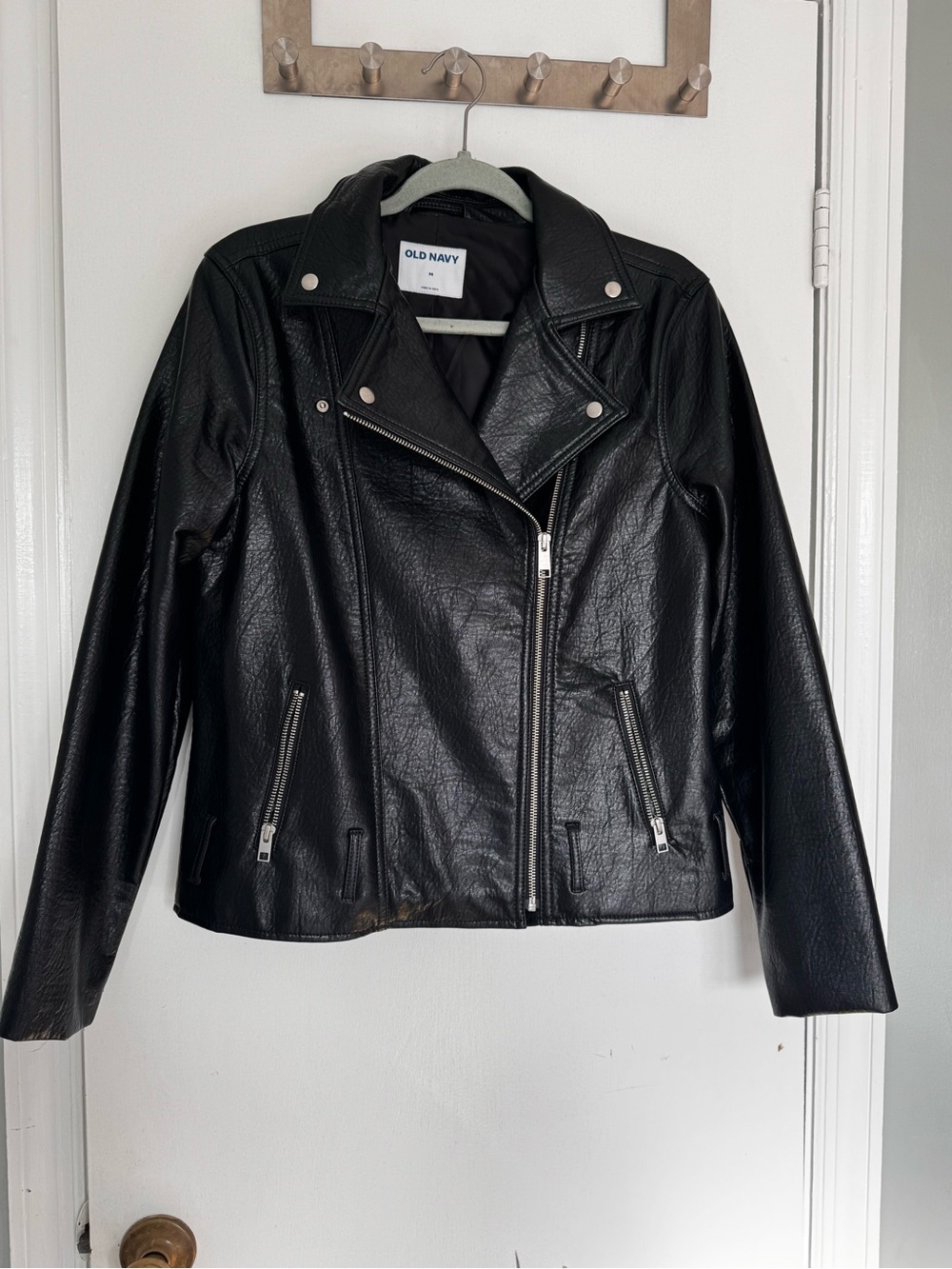 Old Navy Black Faux Leather Biker Jacket with Silver Hardware